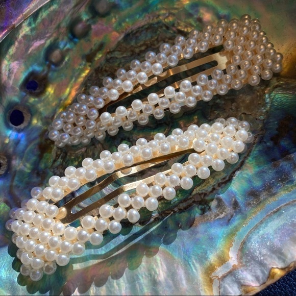 Ivory Pearl embellished clip on barrettes, pair glam prom wedding dressy dance - Picture 7 of 10